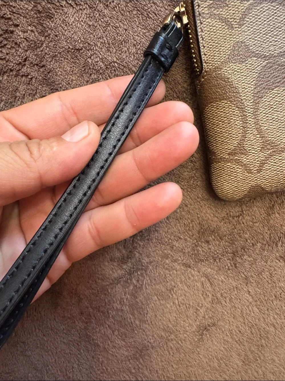 Coach Brown Signature Canvas Wristlet with Black Center Stripe